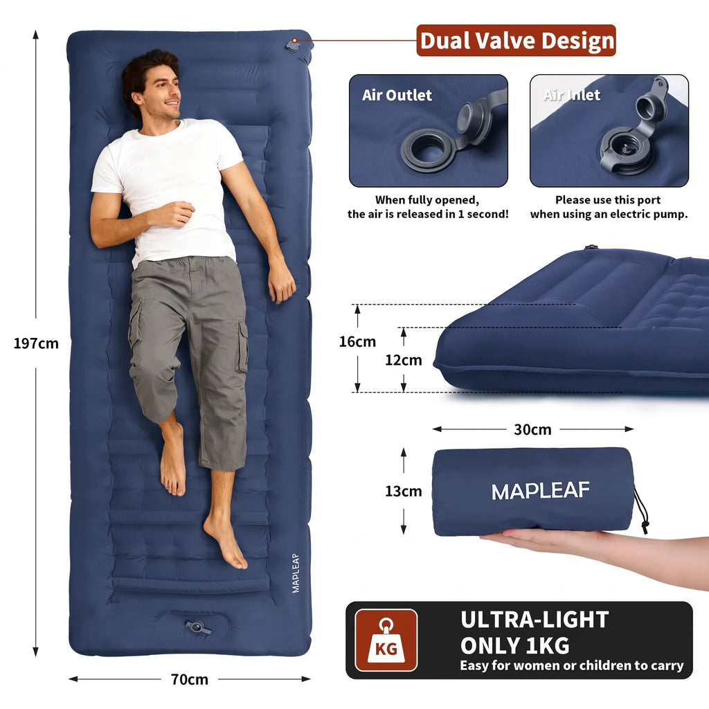 Ultralight Single Air Bed with Built-In Pillow & Foot Pump for Camping