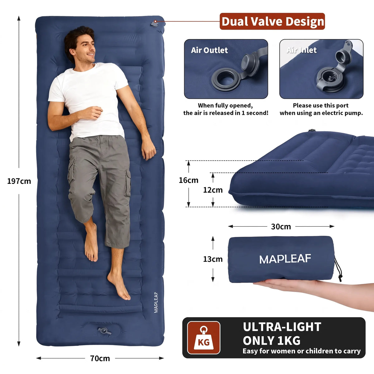 Ultralight Single Air Bed with Built-In Pillow & Foot Pump for Camping