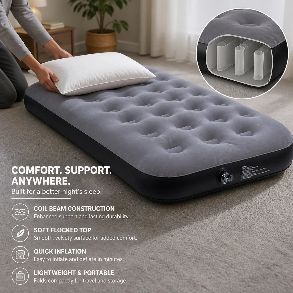 Grey Flocked Single Air Bed for Camping