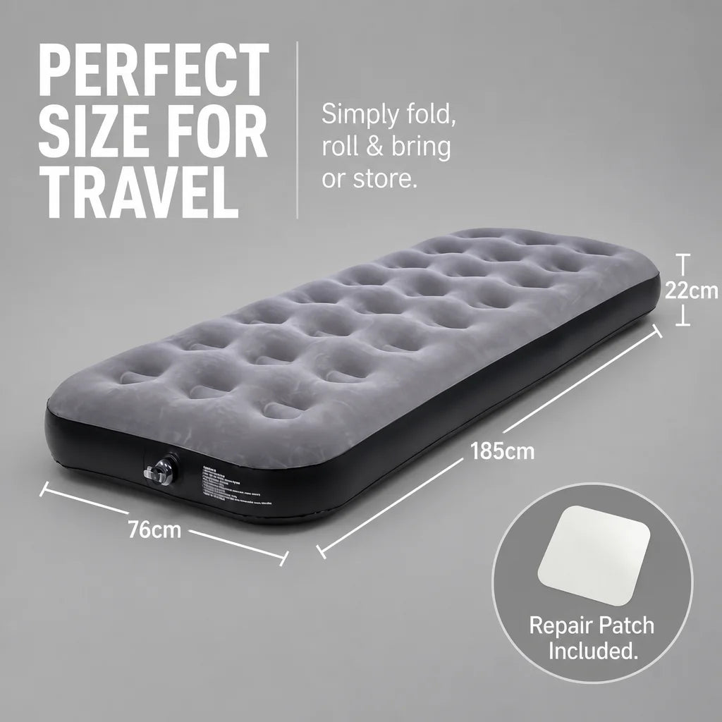 Grey Flocked Single Air Bed for Camping